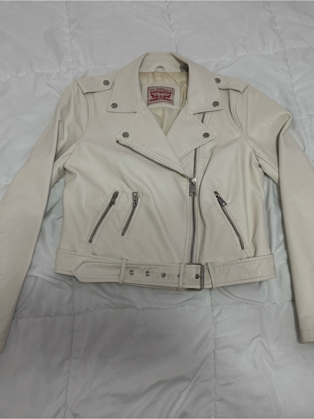 Levi’s Women’s Belted Faux Leather Moto Jacket (Off White/Cream)